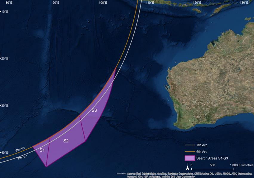 Figure 10: Possible southern final positions S1–S3 based on MH370 maximum range
