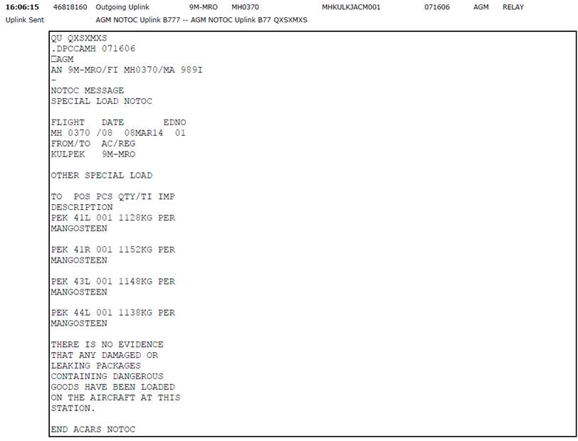 Figure 1.9D - Snapshot of ACARS NOTOC message 