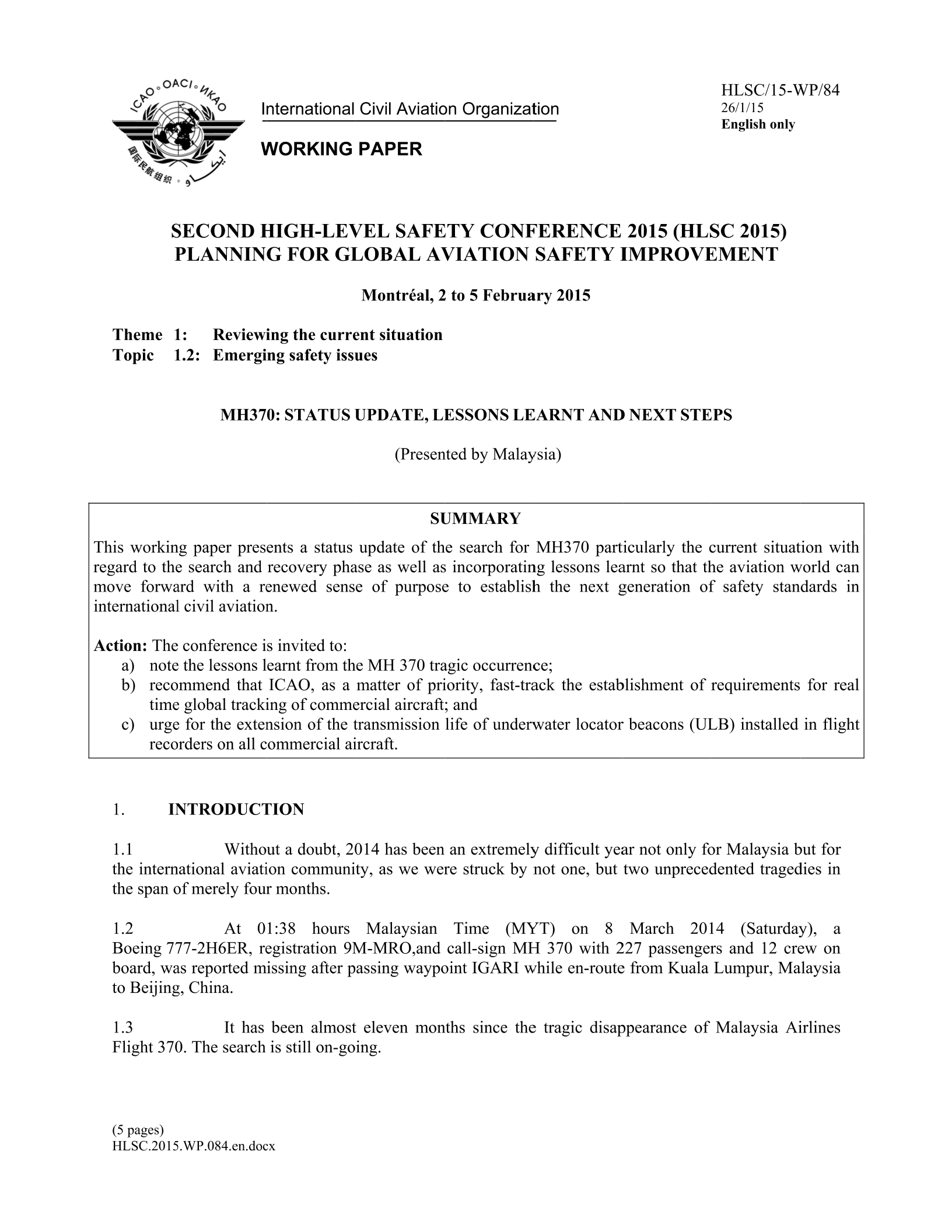 WP084 MH370: Status Update, Lessons Learnt and Next Steps (Malaysia) Page 1